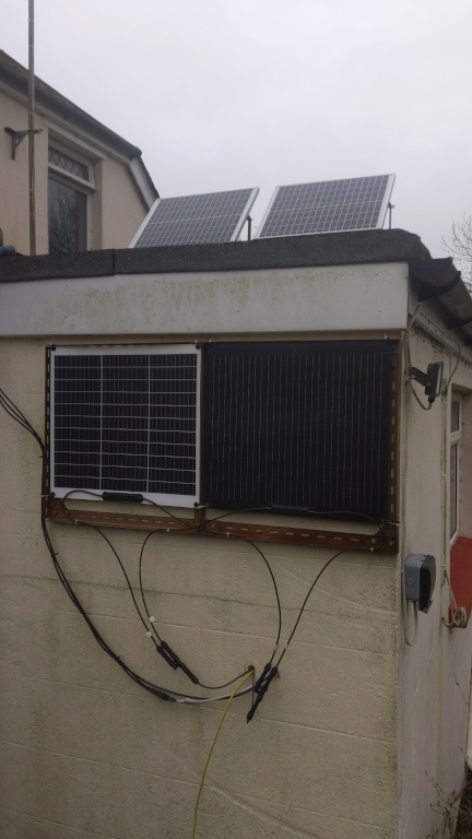 Outdoors I have four panels, two 50W and two 25W all in a parallel